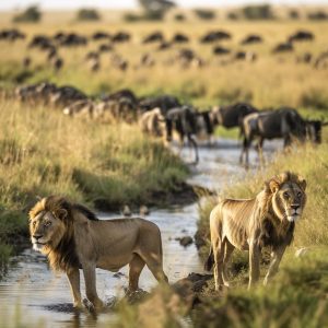 A majestic lion rests in the tall grass of the Serengeti with a herd of wildebeest grazing in the background.