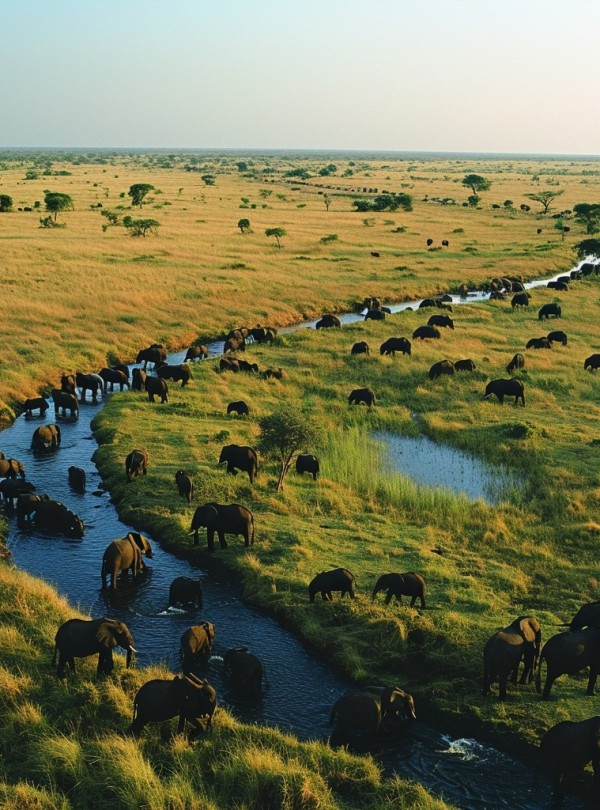 A panoramic view of the Serengeti National Park, showcasing vast savannah grasslands dotted with acacia trees and a herd of wildebeest in the distance under a bright blue sky.