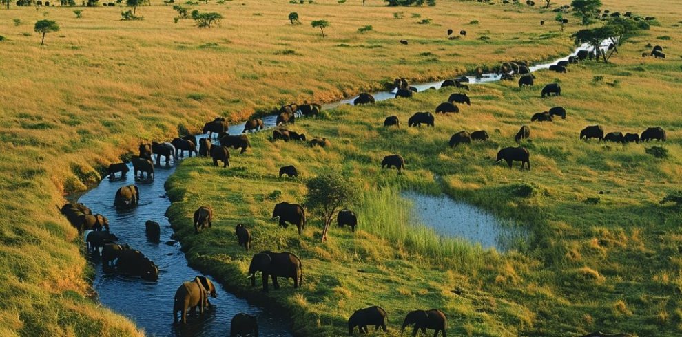 A panoramic view of the Serengeti National Park, showcasing vast savannah grasslands dotted with acacia trees and a herd of wildebeest in the distance under a bright blue sky.